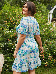 Plus Size Floral Print Splice Short Sleeve Midi Dress