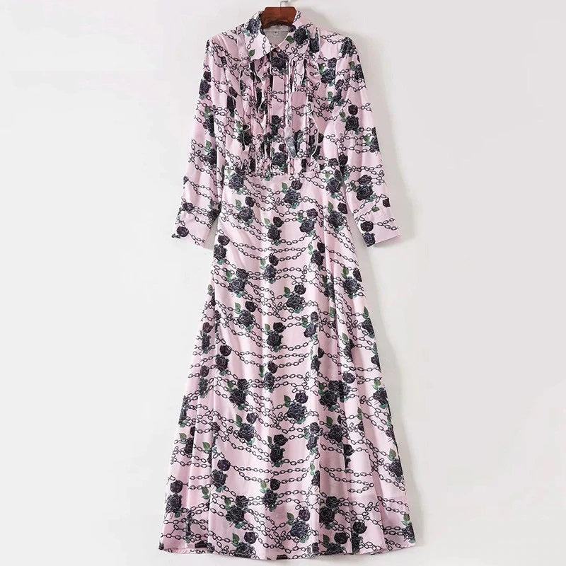 Plus Size Long Sleeve Elegant Flower Chain Print Long Dress