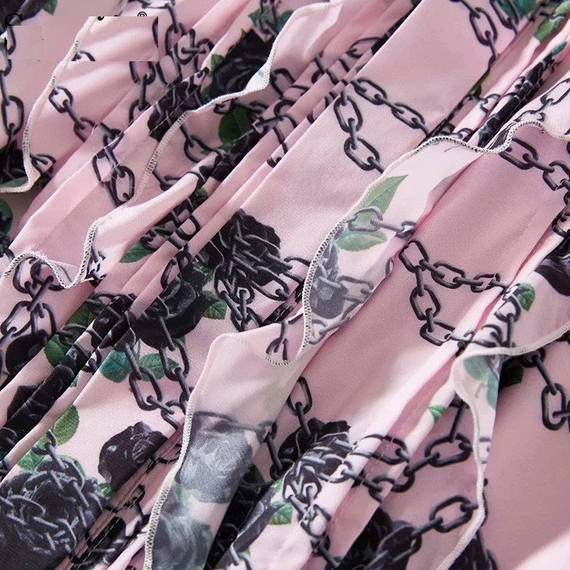Plus Size Long Sleeve Elegant Flower Chain Print Long Dress