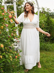 Plus Size Patchwork Ruffle Trim Short Sleeve Maxi Dress