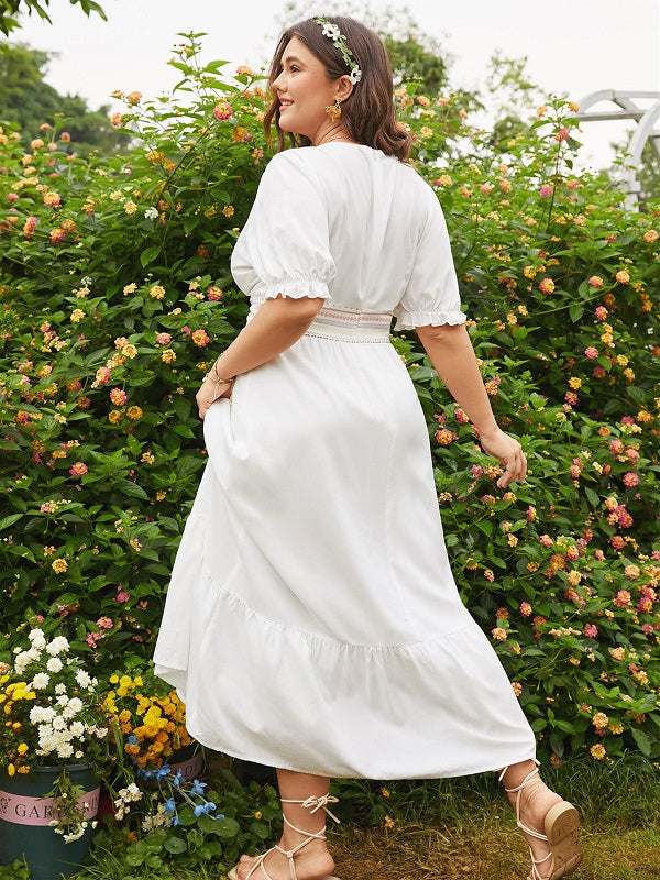 Plus Size Patchwork Ruffle Trim Short Sleeve Maxi Dress