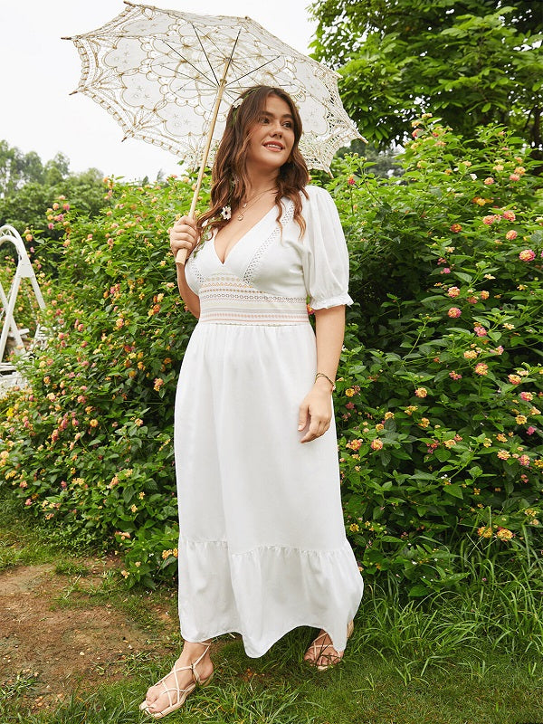 Plus Size Patchwork Ruffle Trim Short Sleeve Maxi Dress