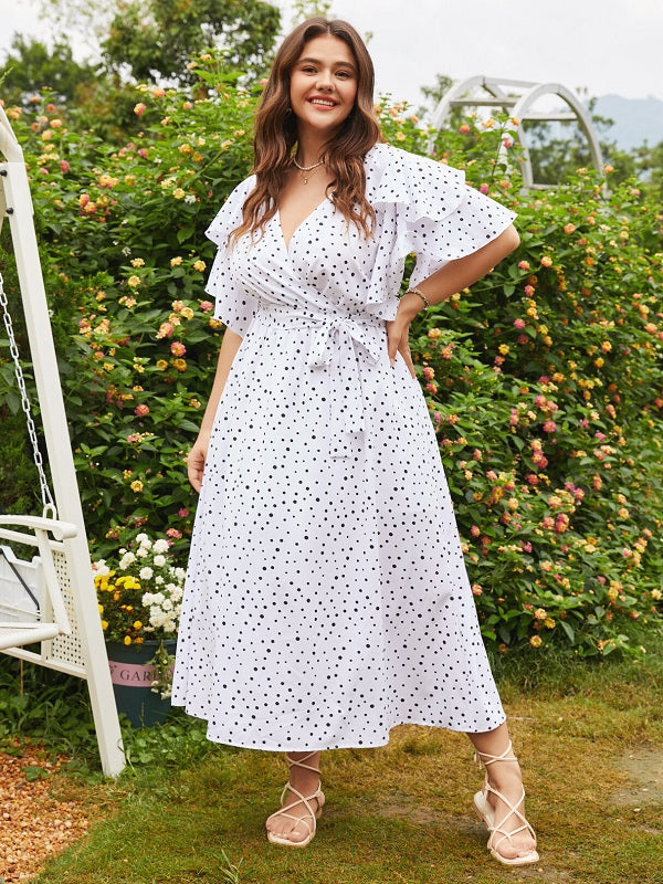 Plus Size Polka Dot Wrap Short Sleeve Maxi Dress
