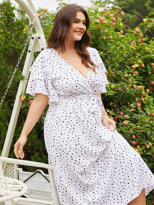 Plus Size Polka Dot Wrap Short Sleeve Maxi Dress
