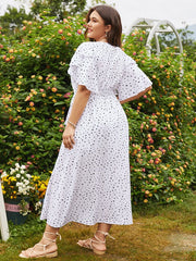 Plus Size Polka Dot Wrap Short Sleeve Maxi Dress