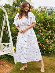 Plus Size Polka Dot Wrap Short Sleeve Maxi Dress