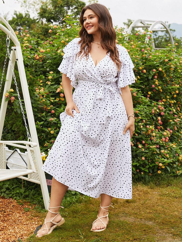 Plus Size Polka Dot Wrap Short Sleeve Maxi Dress
