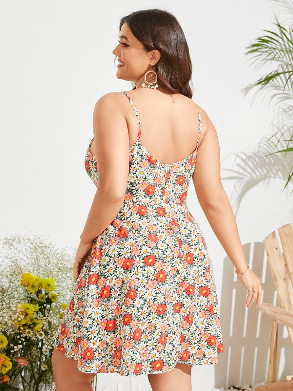 Plus Size Spaghetti Calico Backless Invisible Zipper Dress
