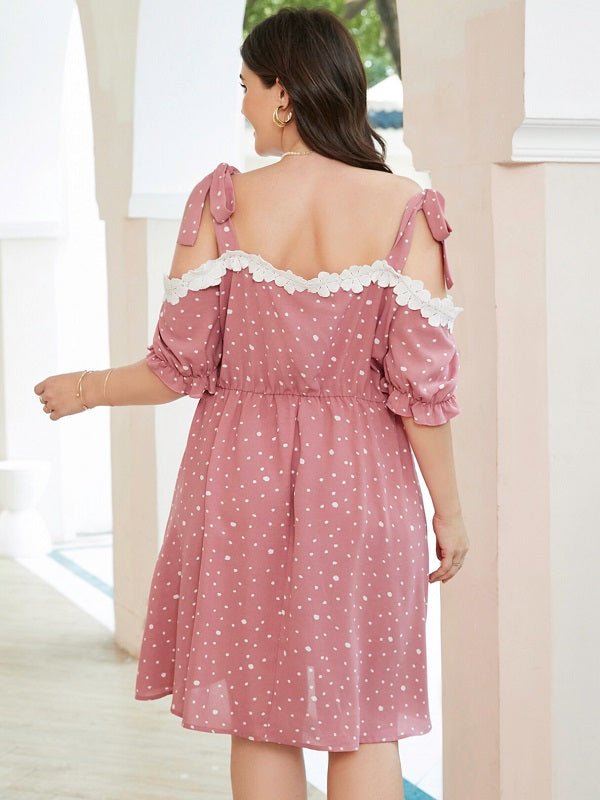 Plus Size Spotted Tie Strap Ruffle Sleeve Midi Dress