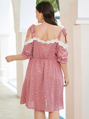 Plus Size Spotted Tie Strap Ruffle Sleeve Midi Dress