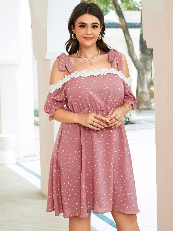 Plus Size Spotted Tie Strap Ruffle Sleeve Midi Dress