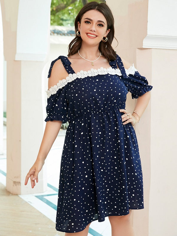 Plus Size Spotted Tie Strap Ruffle Sleeve Midi Dress
