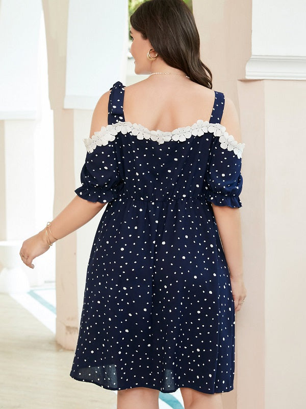 Plus Size Spotted Tie Strap Ruffle Sleeve Midi Dress
