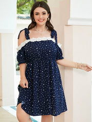 Plus Size Spotted Tie Strap Ruffle Sleeve Midi Dress