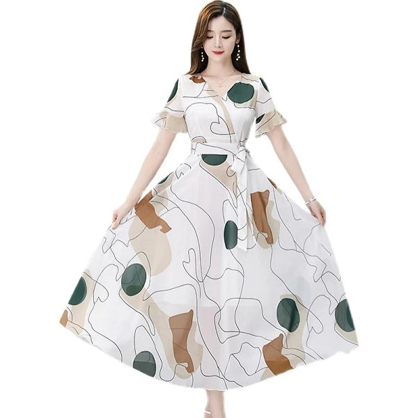 Plus Size V-Neck Floral Short Sleeve Chiffon Dress