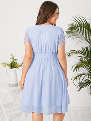 Plus Size V-neck Lace Short Sleeves Midi Dress