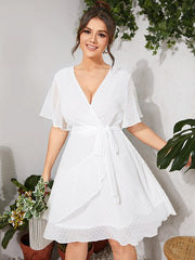 Plus Size V-neck Polka Dot Belt Design Ruffle Trim Midi Dress