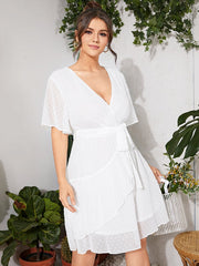 Plus Size V-neck Polka Dot Belt Design Ruffle Trim Midi Dress