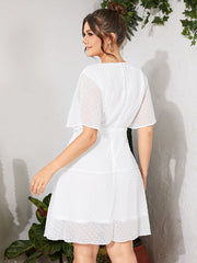 Plus Size V-neck Polka Dot Belt Design Ruffle Trim Midi Dress