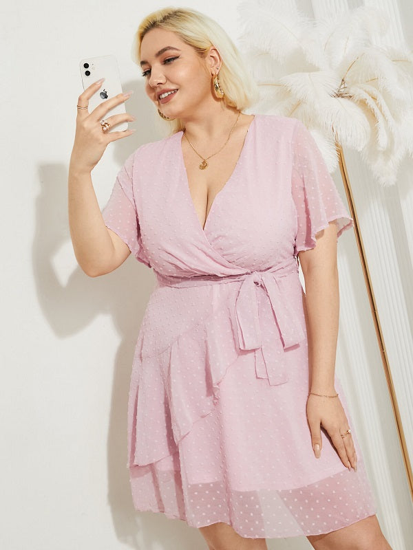 Plus Size V-neck Polka Dot Belt Design Ruffle Trim Midi Dress