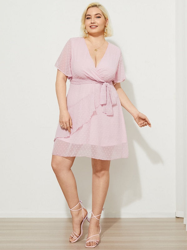Plus Size V-neck Polka Dot Belt Design Ruffle Trim Midi Dress
