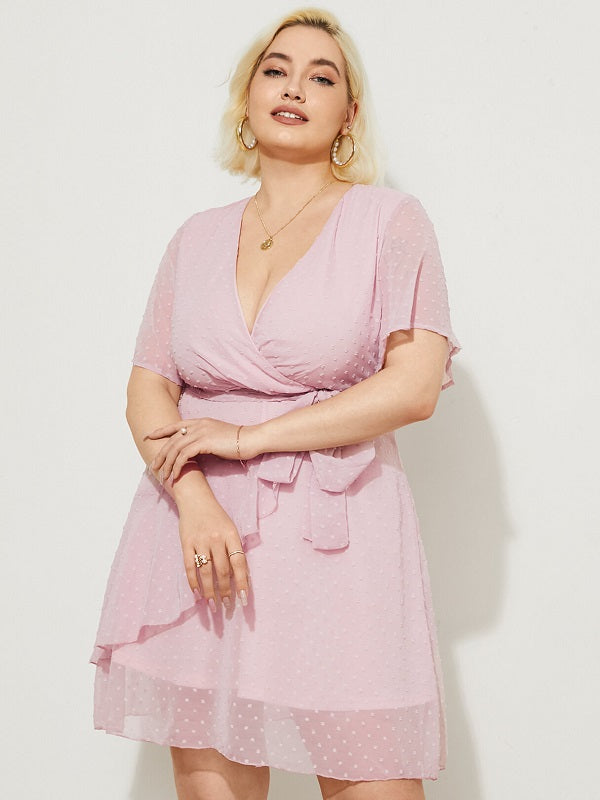 Plus Size V-neck Polka Dot Belt Design Ruffle Trim Midi Dress