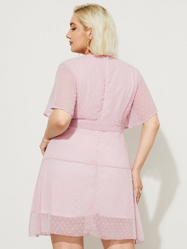Plus Size V-neck Polka Dot Belt Design Ruffle Trim Midi Dress