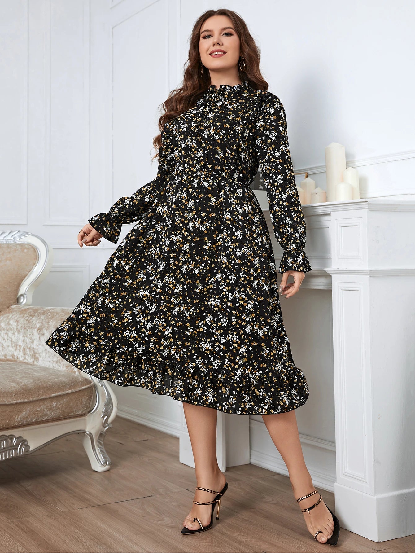 Plus Size Vintage Floral Printed Long Sleeve Casual Party Dresses