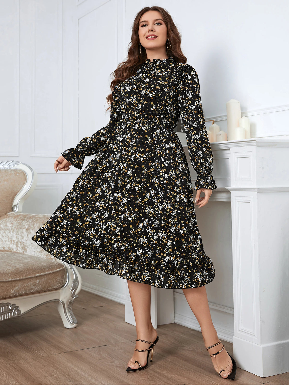 Plus Size Vintage Floral Printed Long Sleeve Casual Party Dresses