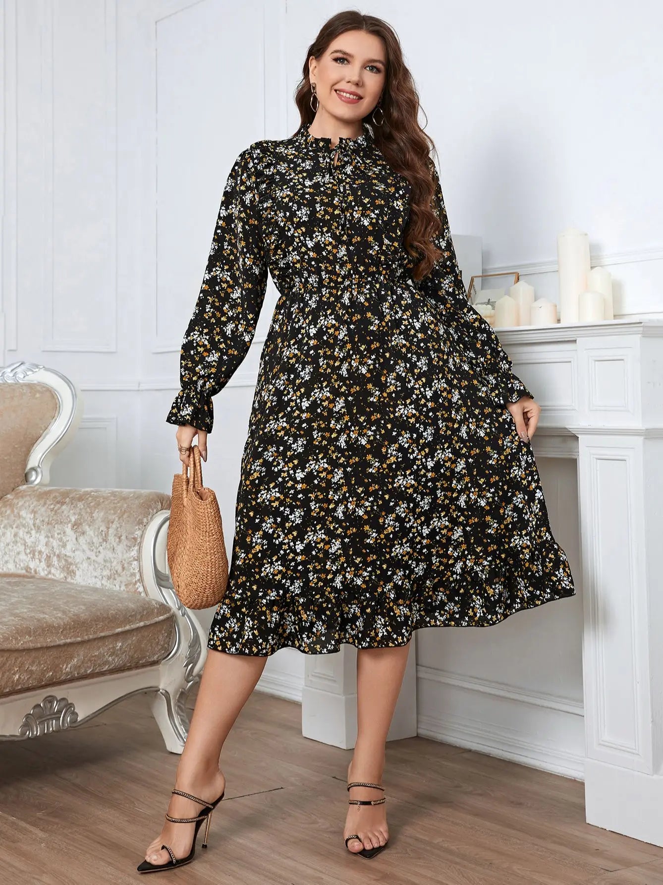 Plus Size Vintage Floral Printed Long Sleeve Casual Party Dresses