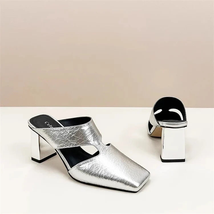 Plus size 42 Hollow Out Sandals Silver Chunky Pumps Luxury Design Slingback Gladiator Rome Shoes