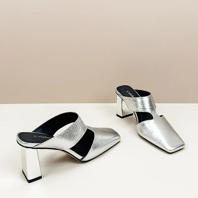 Plus size 42 Hollow Out Sandals Silver Chunky Pumps Luxury Design Slingback Gladiator Rome Shoes