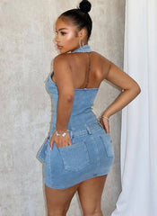 Pocket Stretch Denim Halter Backless Sleeveless with Belt Bodycon Short Dress