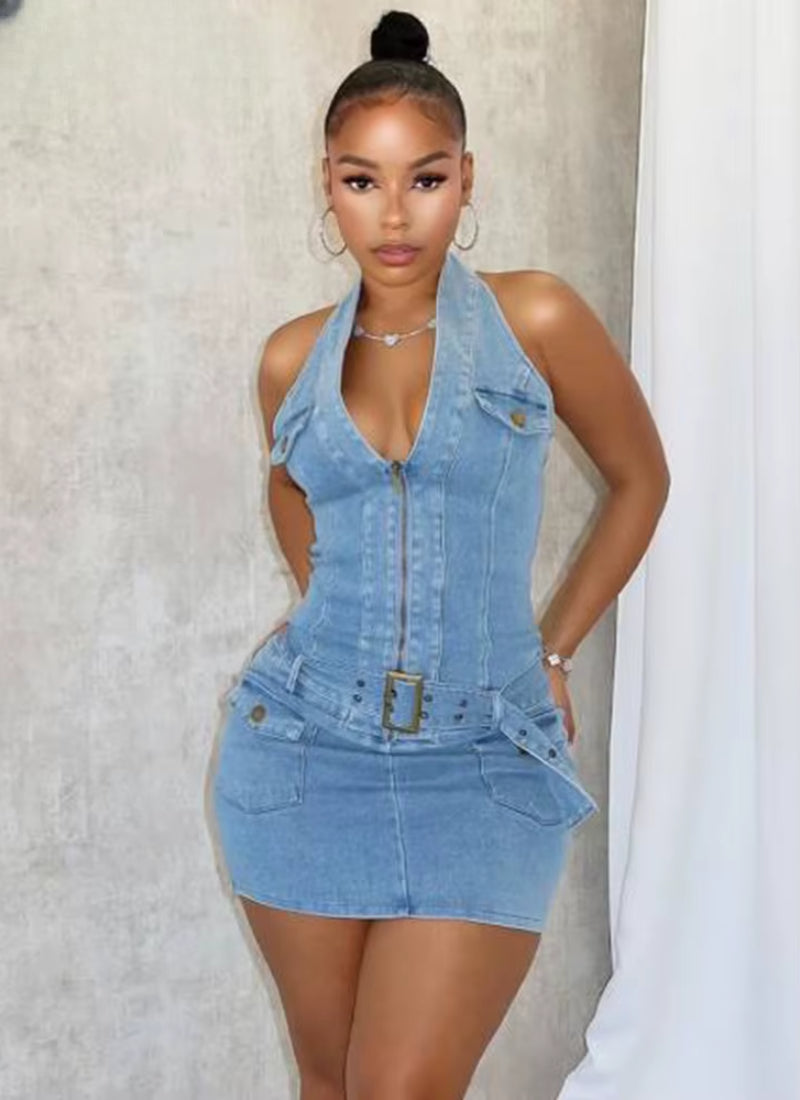 Pocket Stretch Denim Halter Backless Sleeveless with Belt Bodycon Short Dress