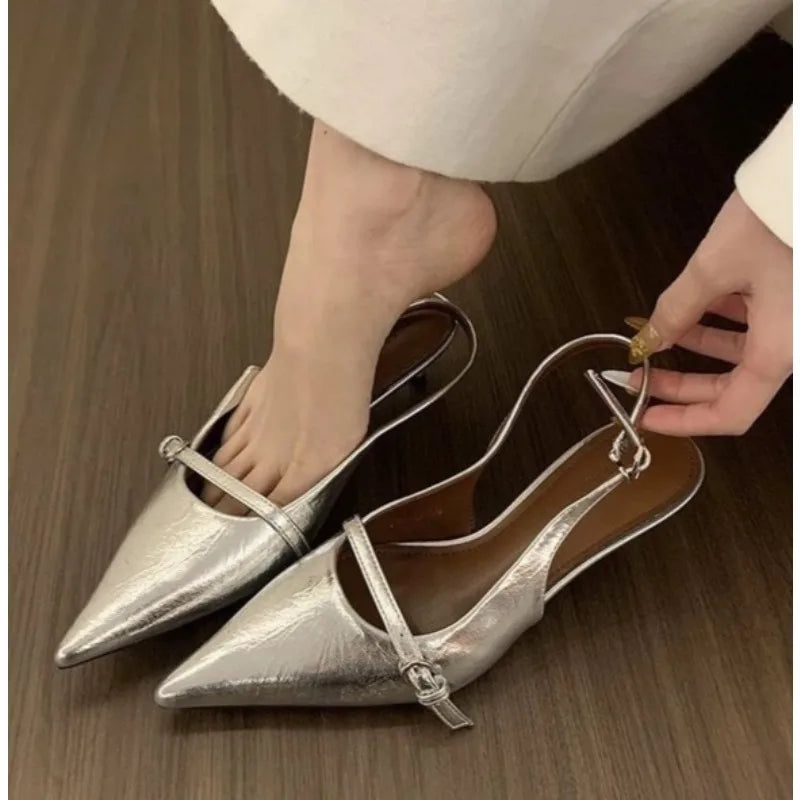 Pointed Toe Buckle Strap Ladies Sandals Gold Shallow Party Slingbacks High Heel