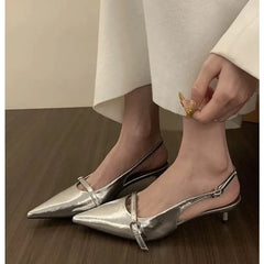 Pointed Toe Buckle Strap Ladies Sandals Gold Shallow Party Slingbacks High Heel