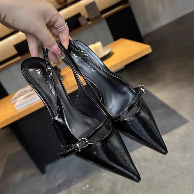 Pointed Toe Buckle Strap Ladies Sandals Solid Shallow Party Slingbacks High Heel