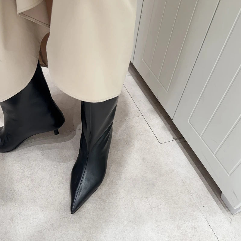 Pointed Toe High Boots Leather Heel