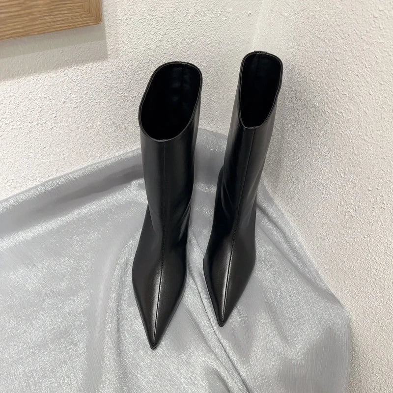 Pointed Toe High Boots Leather Heel