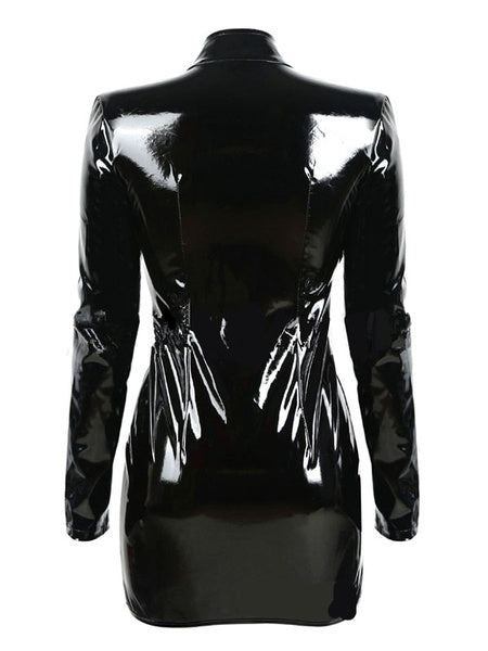 Pole Dance Costumes PVC Cut Out Metallic Buckle Bodycon Dress