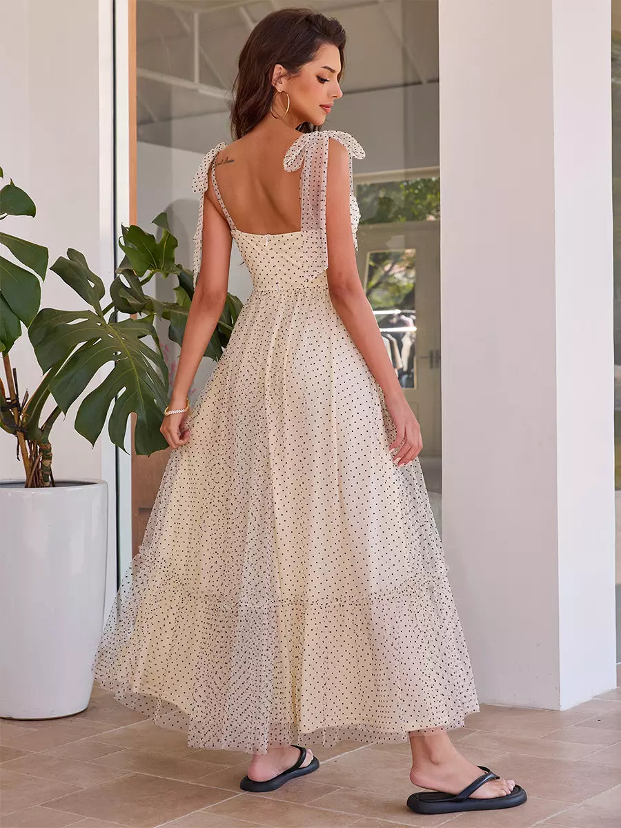 Polka Dot A-line With Adjustable Shoulder Strap Maxi Dress