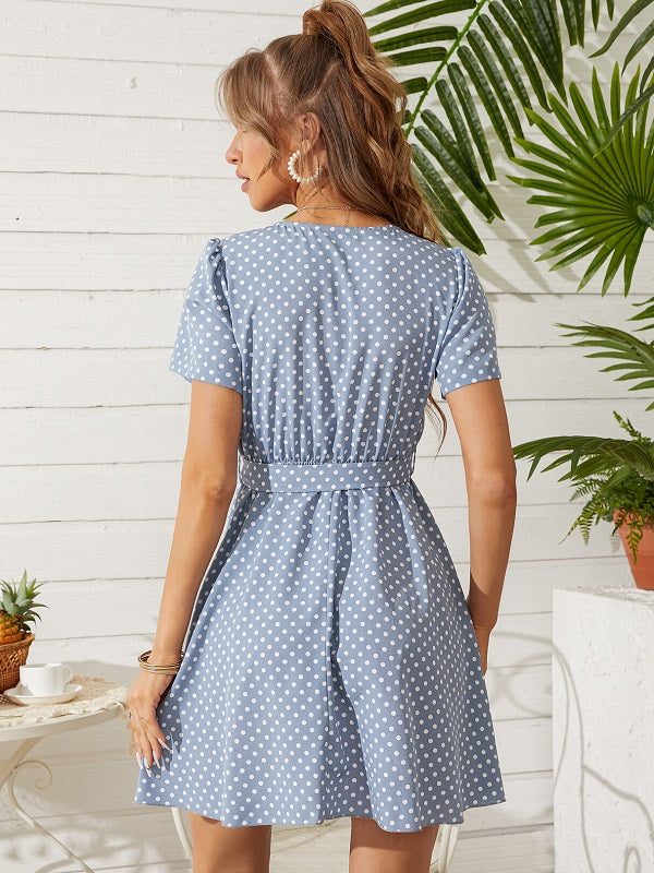 Polka Dot Belt Design V-neck Short Sleeves Mini Dress