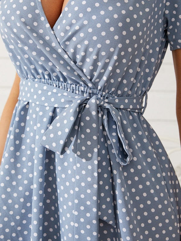 Polka Dot Belt Design V-neck Short Sleeves Mini Dress