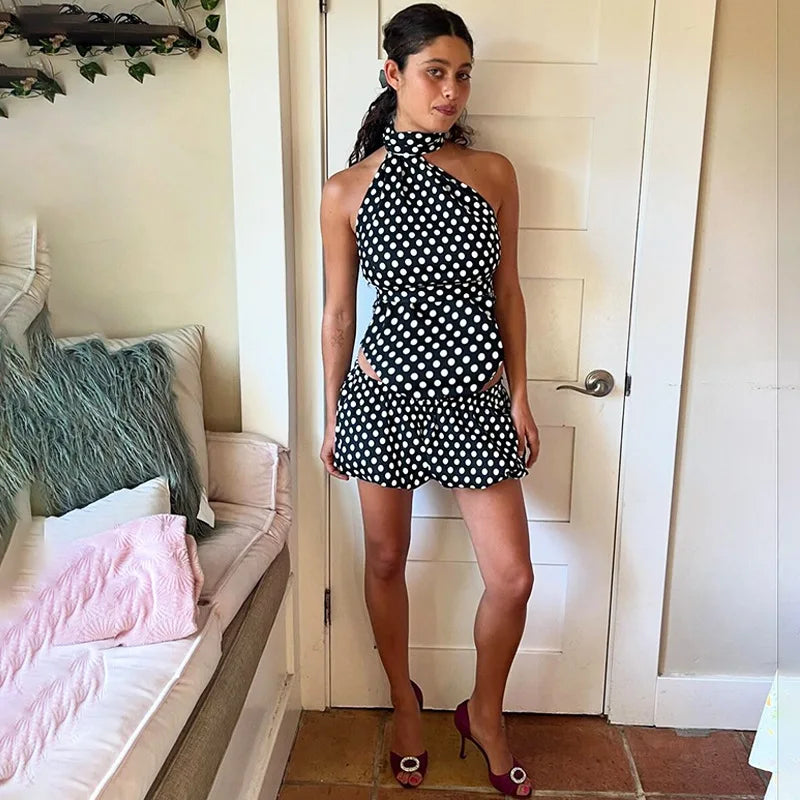 Asymmetrical Polka Dot Halter Top Skirt High Waist Two Piece Suit