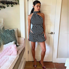 Asymmetrical Polka Dot Halter Top Skirt High Waist Two Piece Suit