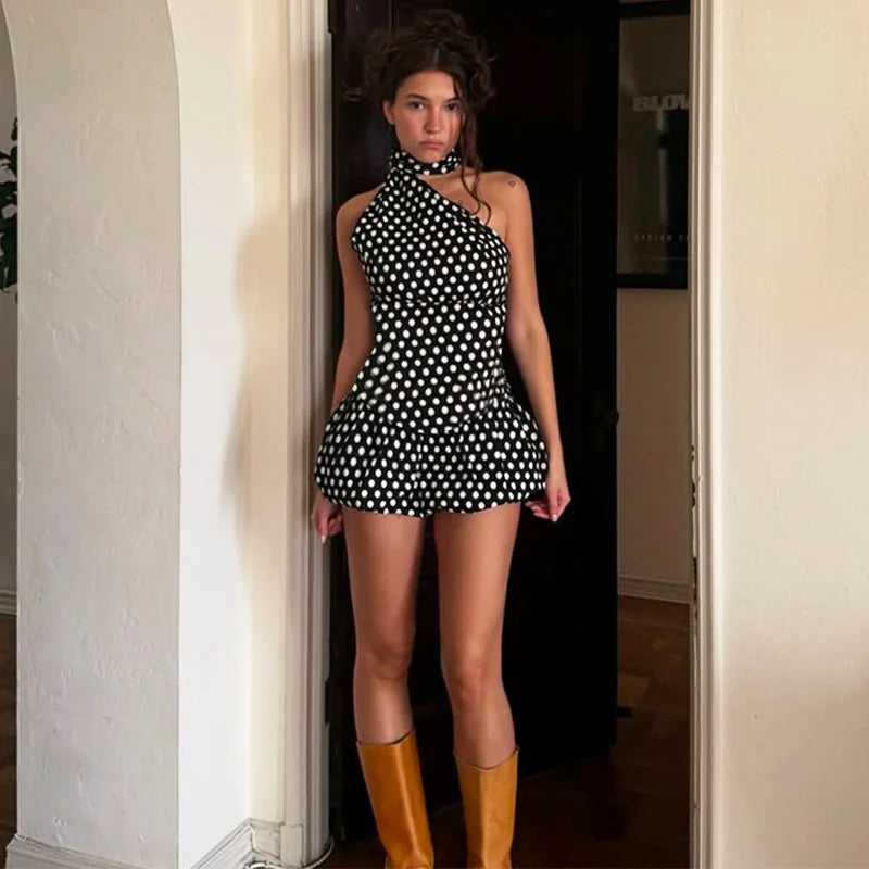 Asymmetrical Polka Dot Halter Top Skirt High Waist Two Piece Suit