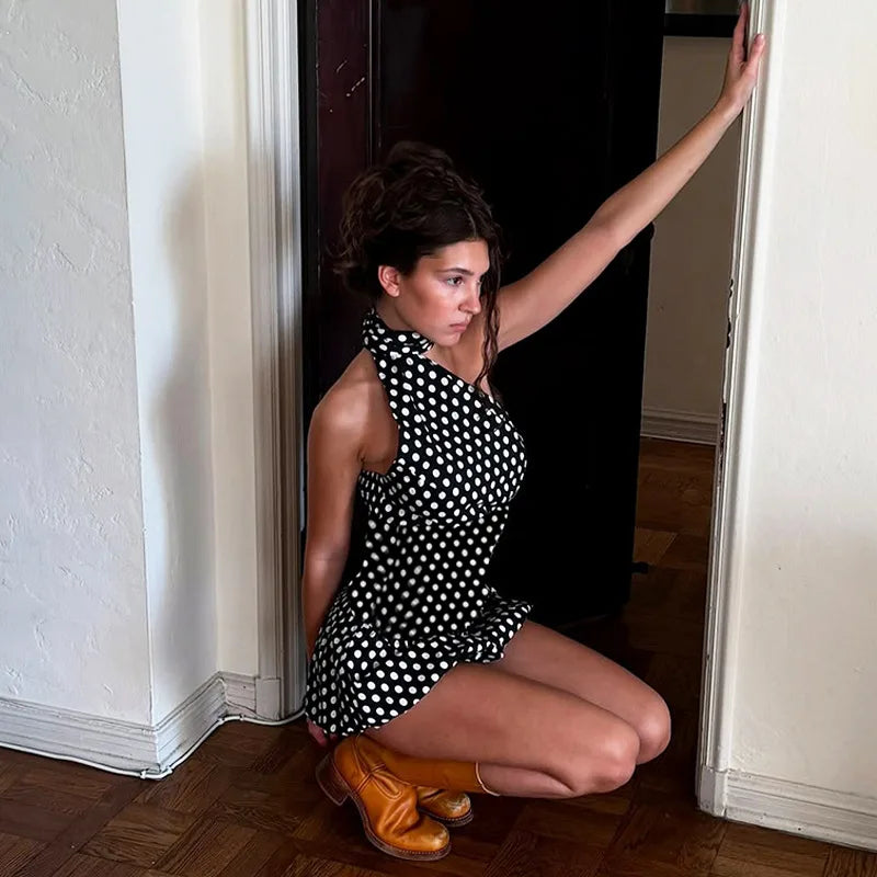 Asymmetrical Polka Dot Halter Top Skirt High Waist Two Piece Suit