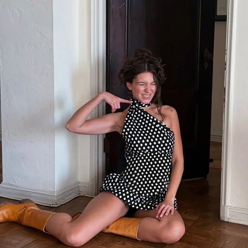 Asymmetrical Polka Dot Halter Top Skirt High Waist Two Piece Suit