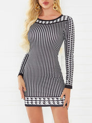 Polka Dot Long Sleeves Jewel Neck Bodycon Dress