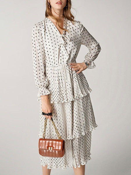 Polka Dot Long Sleeves Tiered Dress